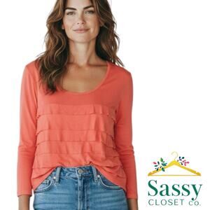 CHICO'S Vibrant Coral Ruffle Layer Front Top 2 US 12 Large 3/4 Sleeve EUC